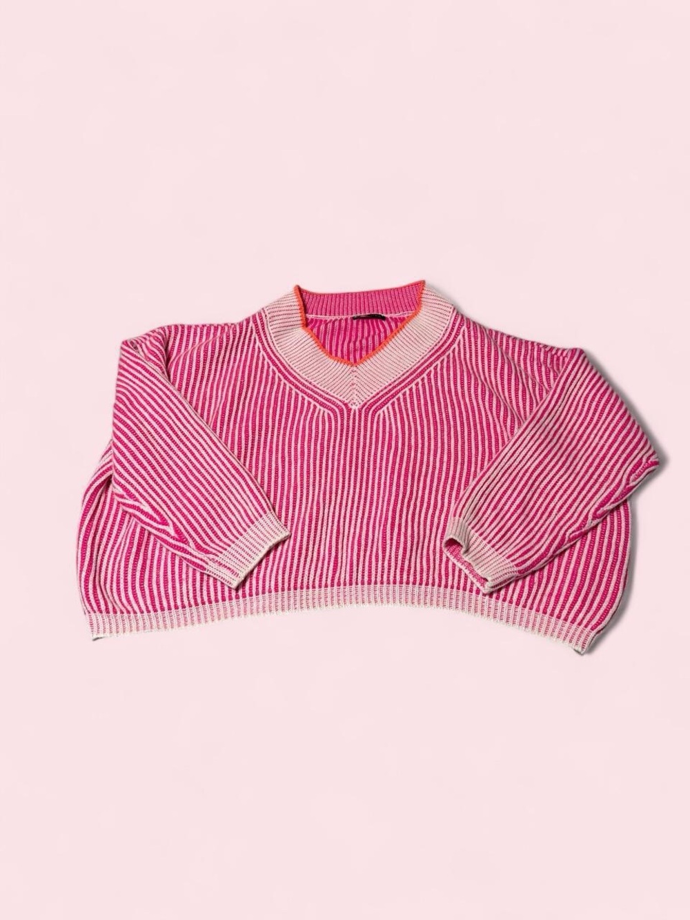SHEIN Pink and Cream Striped V-Neck Knit Sweater